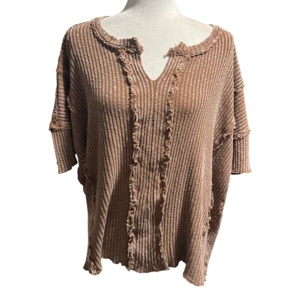 EASEL Mocha Mousse Mineral Washed Oversized Ribbed Frayed Edge Top Size Small - Picture 2 of 7